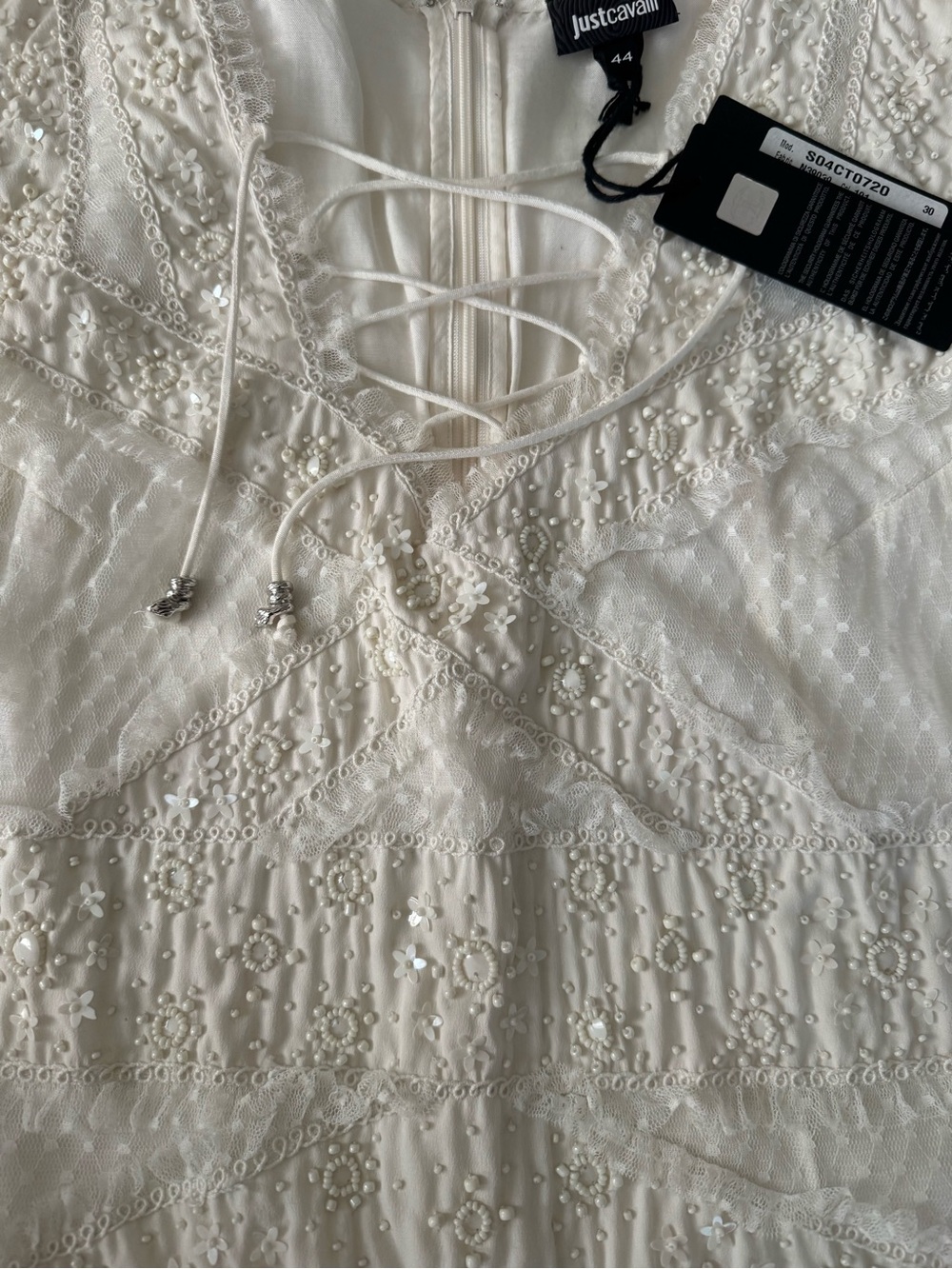 Just Cavalli white beaded Mini Dress with Lace-Up Neckline NWT - Picture 8 of 12